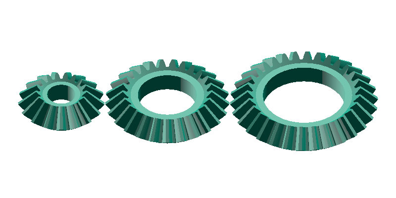 Comparison of bevel gears with module 2 and different tooth counts (17 / 25 / 40)