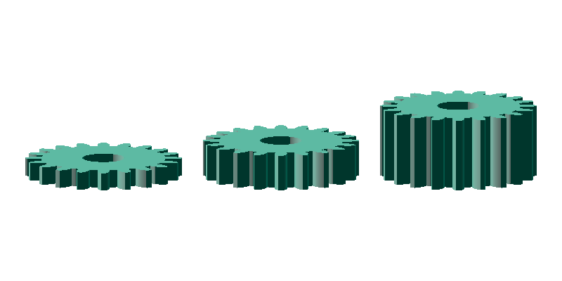 20-tooth spur gears with face widths of 5, 10, and 20 mm side by side showing the difference in thickness