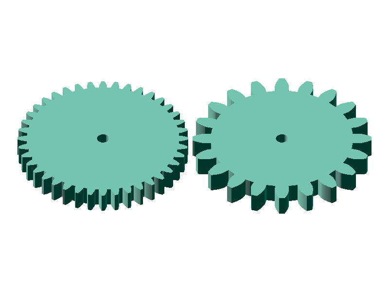 A module-1 spur gear and a module-2 spur gear placed side by side, showing that the tooth pitches do not line up