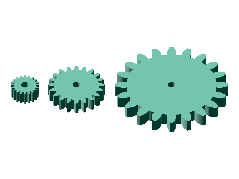 Comparison of three spur gears with module 0.5 / 1.0 / 2.0, all with the same 20 teeth