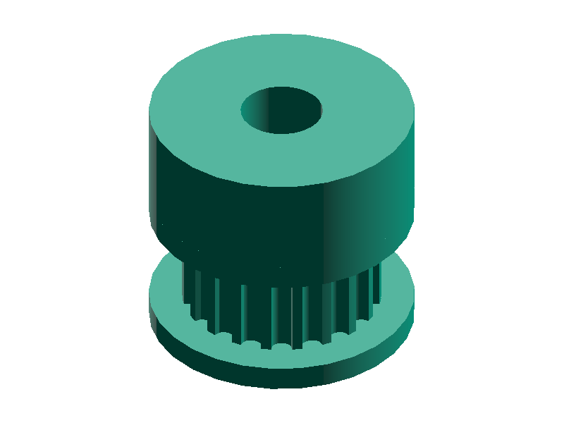 3D model of a GT2 pulley in pulley mode (flanges on both sides plus an axially extended cylindrical hub)