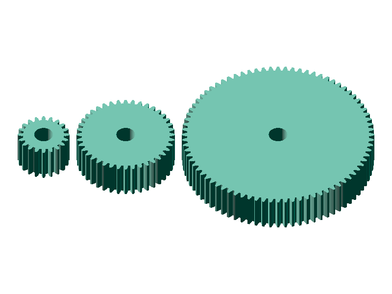 Spur gears with 20, 40, and 80 teeth (module 2) side by side showing the difference in outer diameter