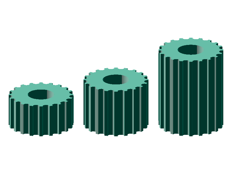 Comparison of GT2 pulley belt widths (side view of 6mm / 9mm / 15mm)