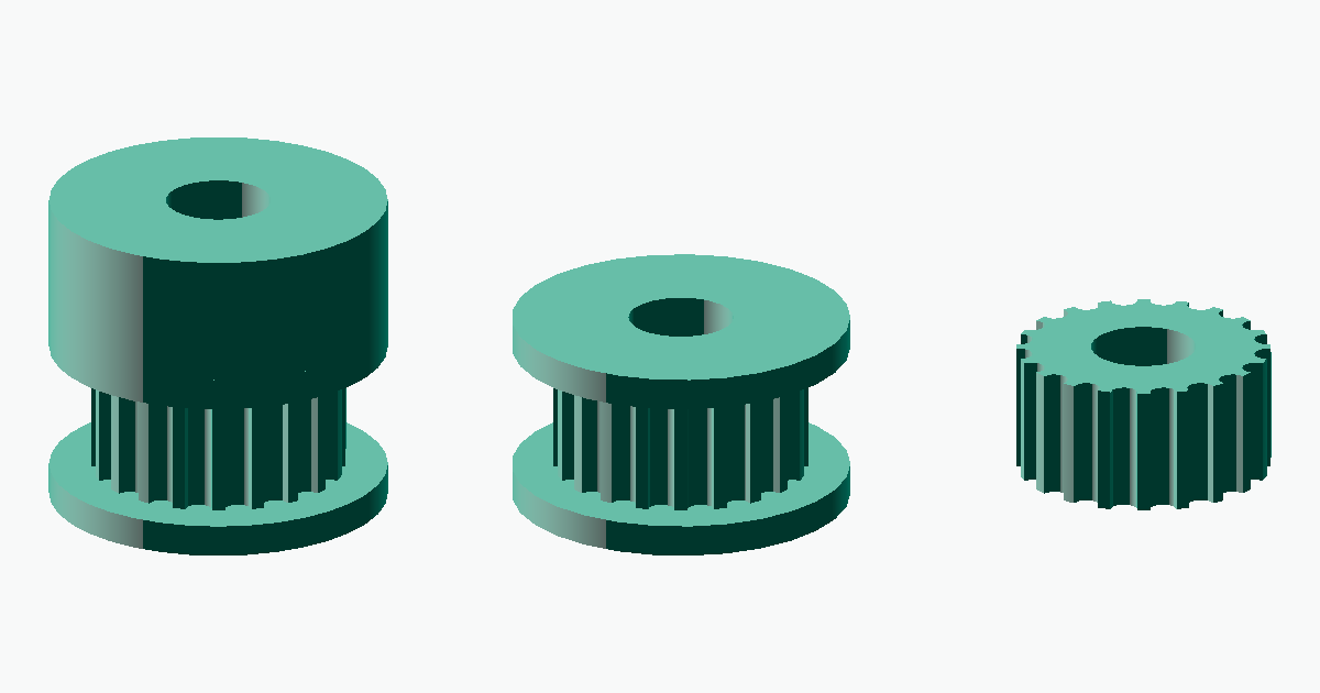 Top-down view comparing the three GT2 pulley flange modes (pulley / idler / none)