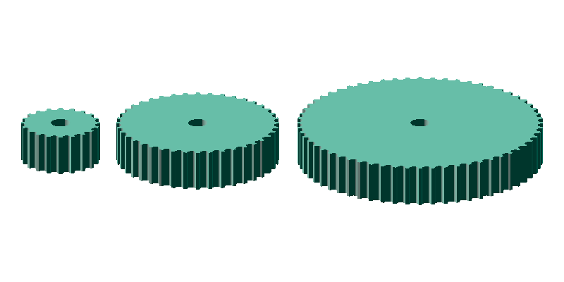 Comparison of GT2 pulleys with different tooth counts (top-down view of 20/40/60 teeth)