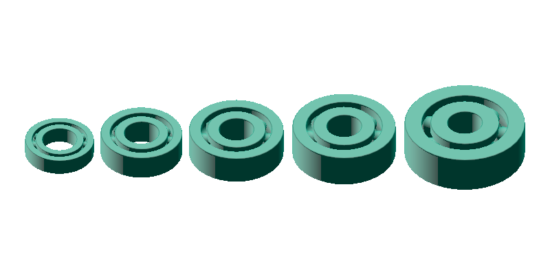 Side-by-side comparison of five miniature bearing series, all with bore 8mm (688 / 698 / 608 / 628 / 638)