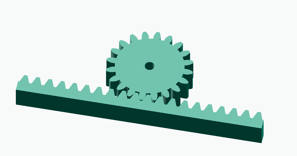 Overhead view of a module-2, 20-tooth pinion meshing with a rack in a rack-and-pinion mechanism
