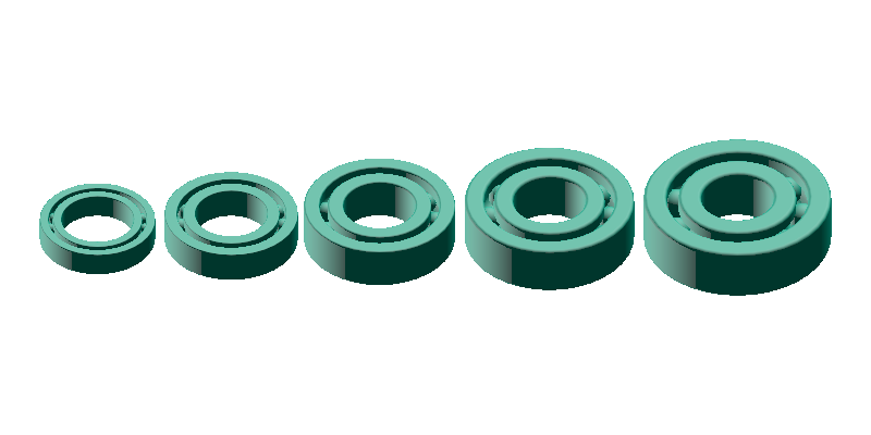 Side-by-side comparison of five series of bearings, all with bore 20mm (6804 / 6904 / 6004 / 6204 / 6304)